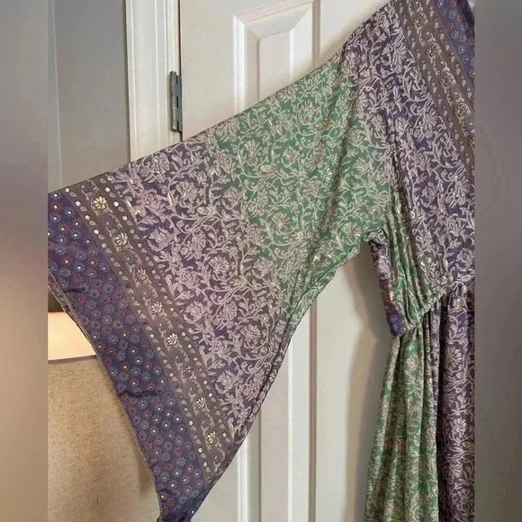 Bigg Bull by Cam Kimono Maxi Dess Green and Purple Metallic one size Silk blend - Picture 6 of 13